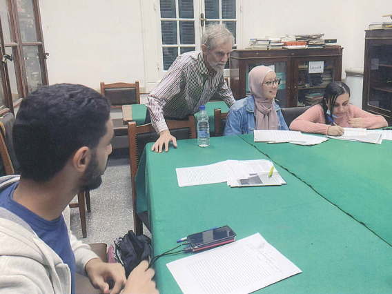 Albrecht Classen in a classroom with students.